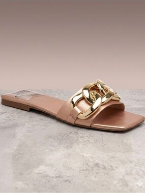 Jeffrey Campbell Park Chain Slide Flat Evening Sandals in Rose Gold Satin Size 8
